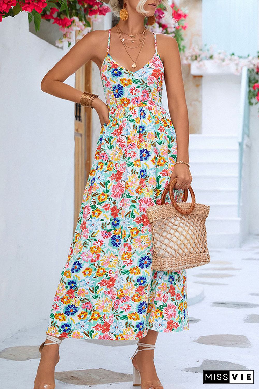 Backless Split Spaghetti Floral Dress