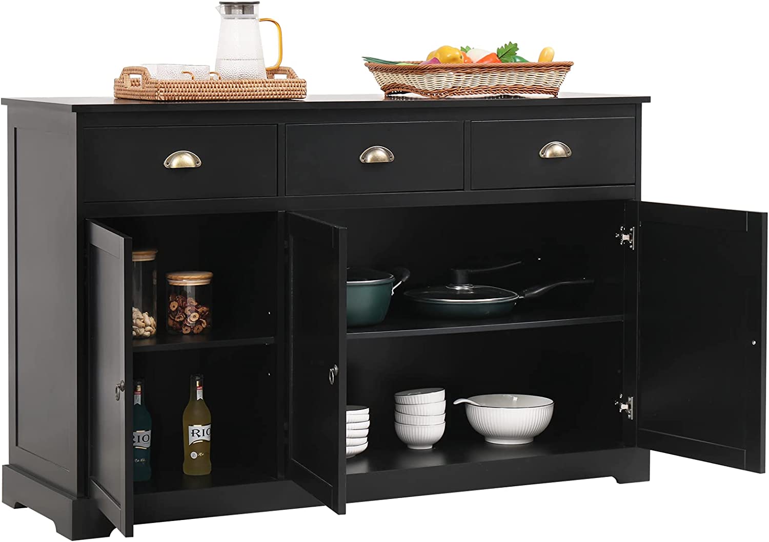 Yoleny Sideboard Buffet Cabinet， Kitchen Storage Cupboard with 3 Drawers and 3 Cabinets， Adjustable Shelves Console Table for Kitchen， Ding Room， Living Room， Black