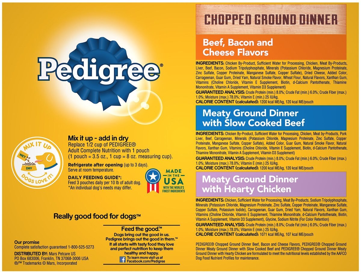 Pedigree Chopped Ground Dinner Variety Pack With Chicken， Beef and Bacon Wet Dog Food