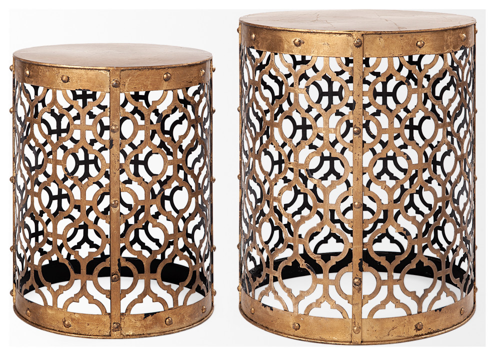 Mercana Rudebekia Set of 2 Gold Round Metal Accent Tables 50118   Mediterranean   Coffee Table Sets   by Mercana  Houzz