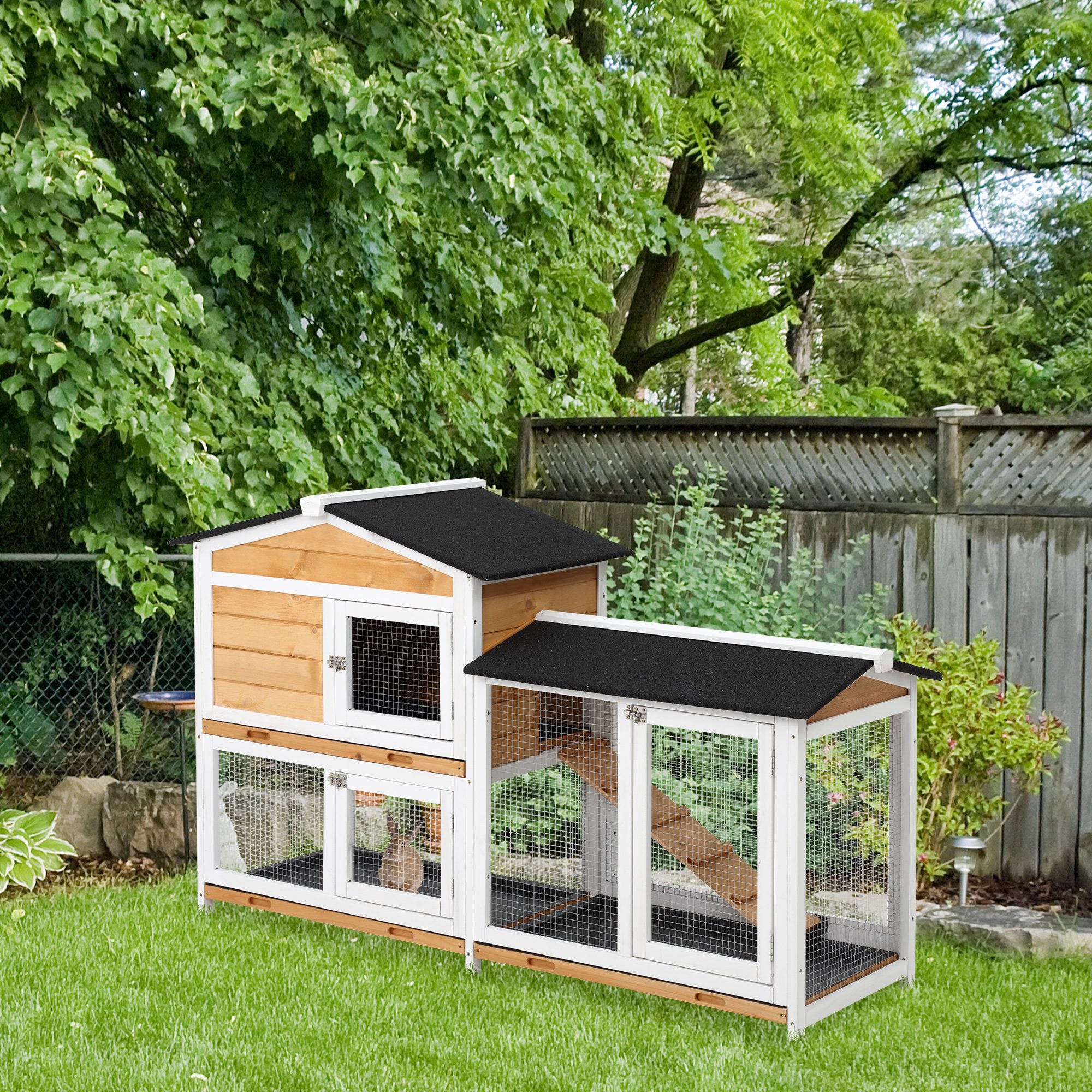 PawHut 2-tier Wood Backyard Bunny Cage Small Animal House w/RampandOutdoor Run