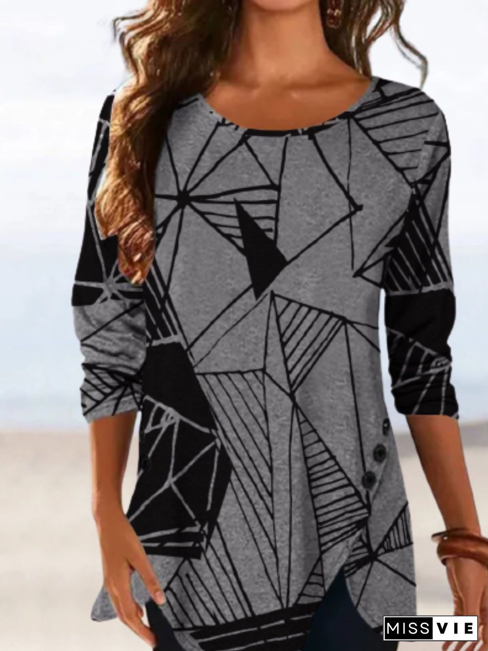 Casual Abstract Long Sleeve Crew Neck Plus Size Printed Tops T-shirts