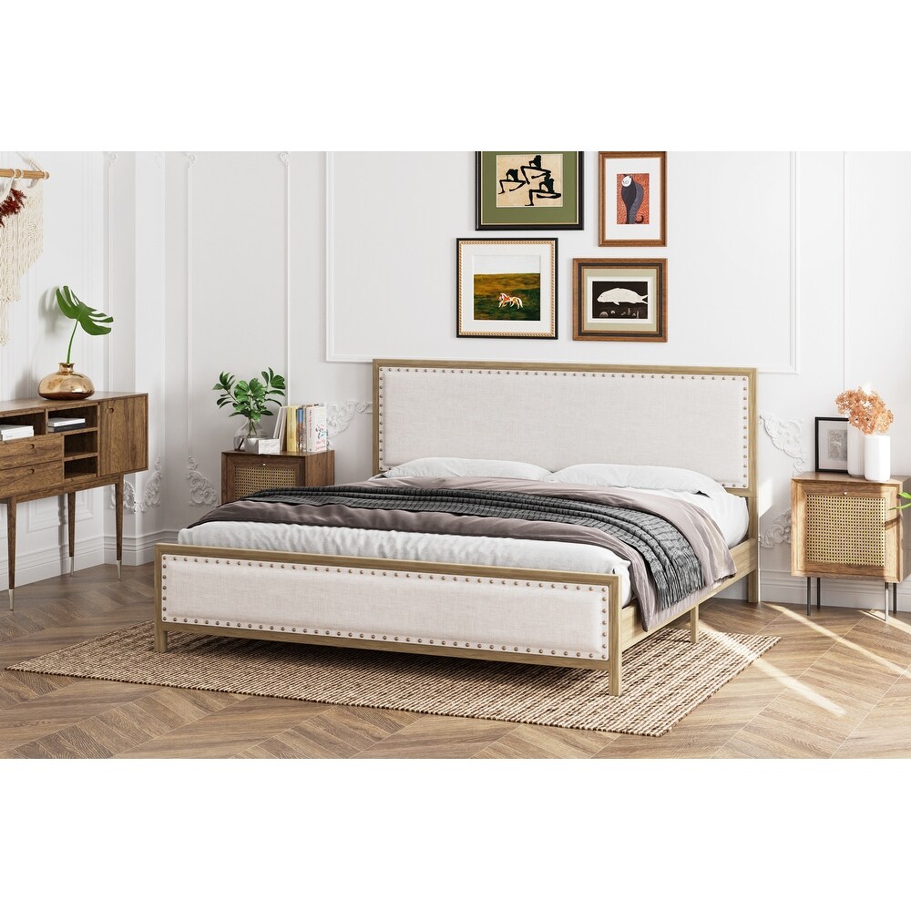 Upholstered Platform Bed with Linen Headboard and Footboard