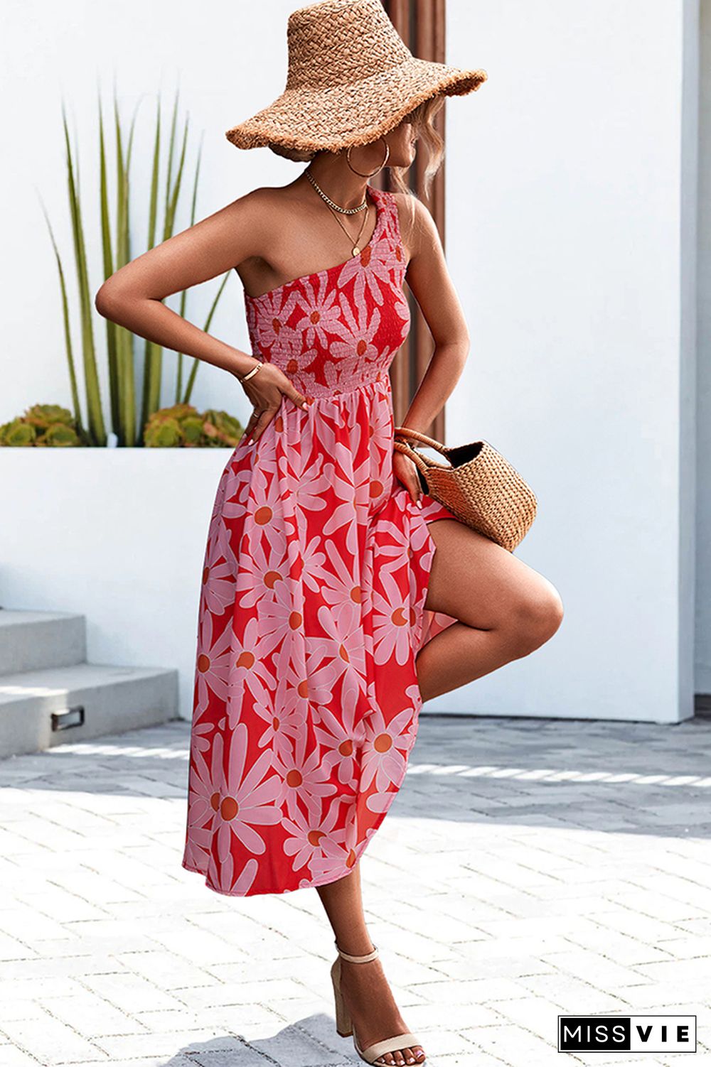 One SHoulder Flower Print Long Dress