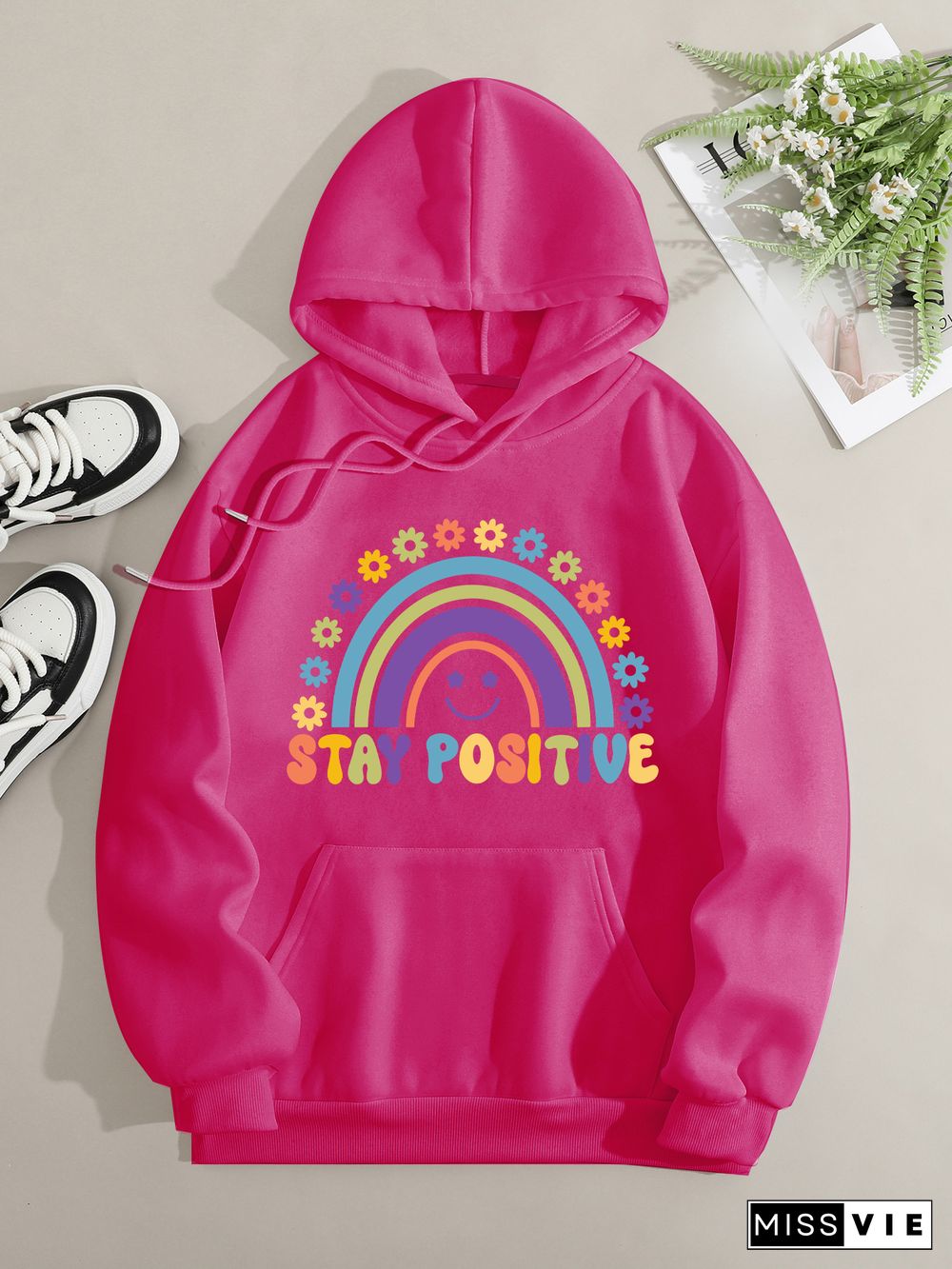 Printed on front Kangaroo Pocket Hoodie Long Sleeve for Women Pattern stay positive