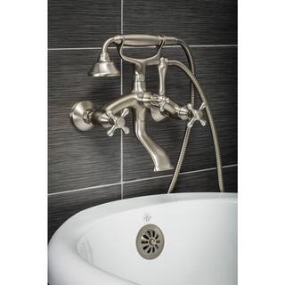 PELHAM  WHITE Vintage Style 3-Handle Wall Mount Claw Foot Tub Faucet with Cross Handles and Handshower in Brushed Nickel PW82511-C-BN