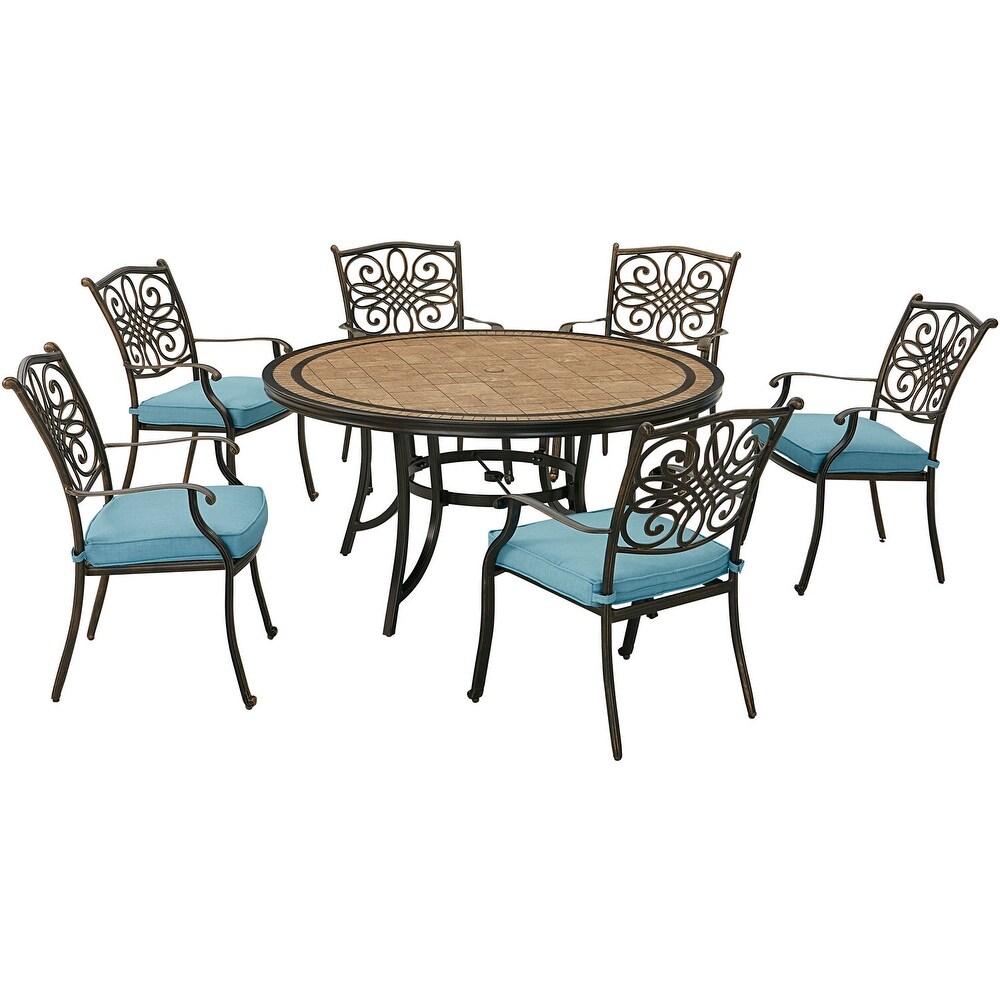 Hanover Monaco 7 Piece Dining Set in Blue with Six Dining Chairs and a 60 in. Tile Top Table