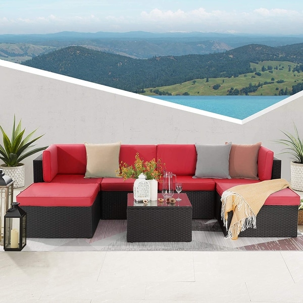 Bossin 7 Pieces Patio Furniture Sets，Outdoor Sectional Sofa，Rattan Wicker Couch with Washable Cushions and Glass Table