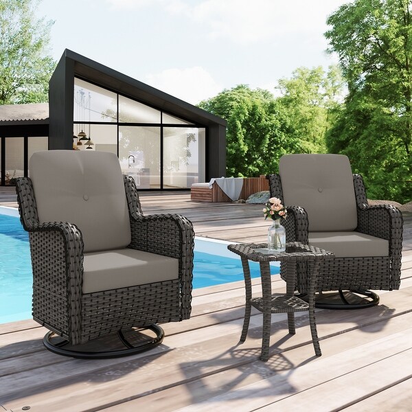 Outdoor 3 Pieces Rattan Wicker Bistro Set Swivel Rocker With Cushion and Table