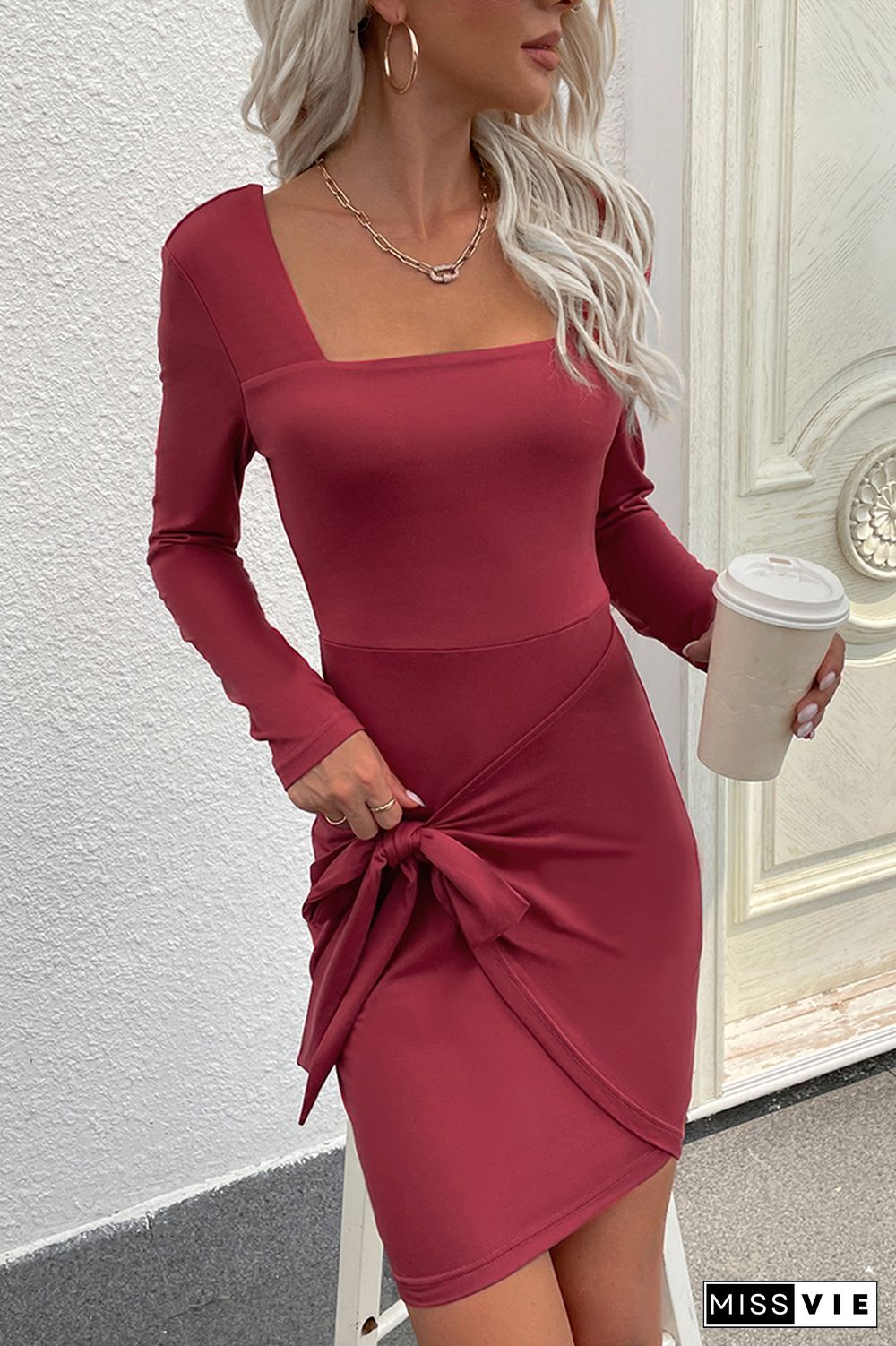 Red Square Neck Twist Knot Slim Bodycon Dress