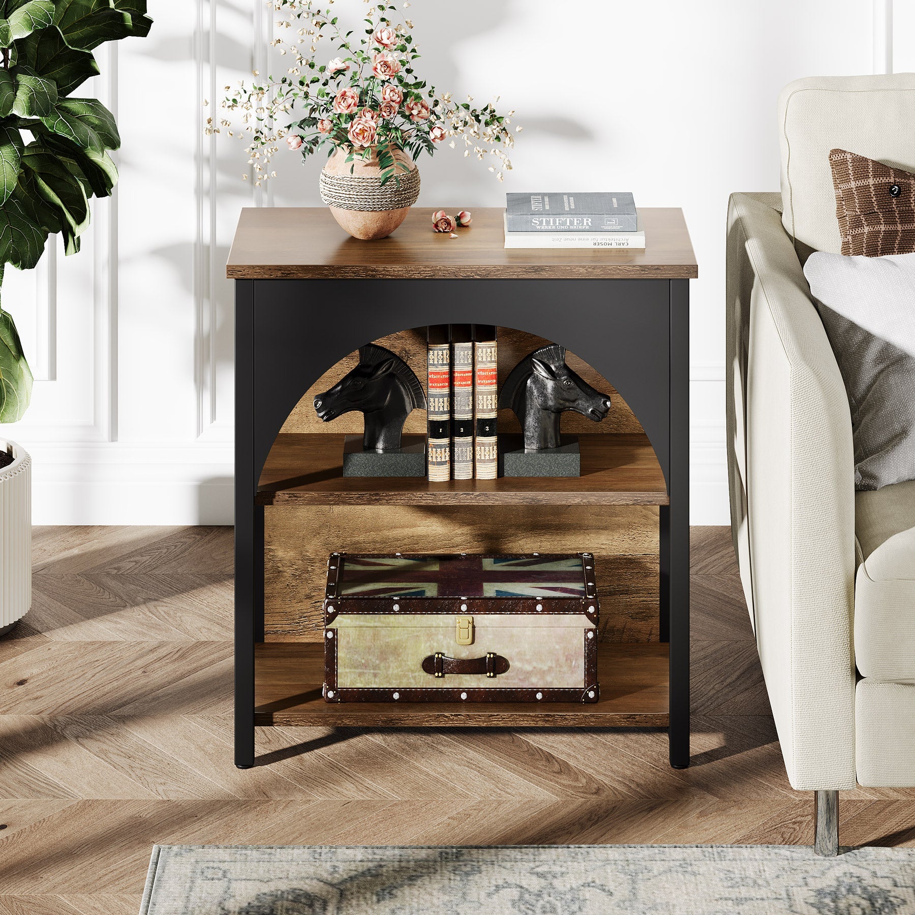 3-Tier End Table, Wood Side Table Nightstand with Geometric Frame