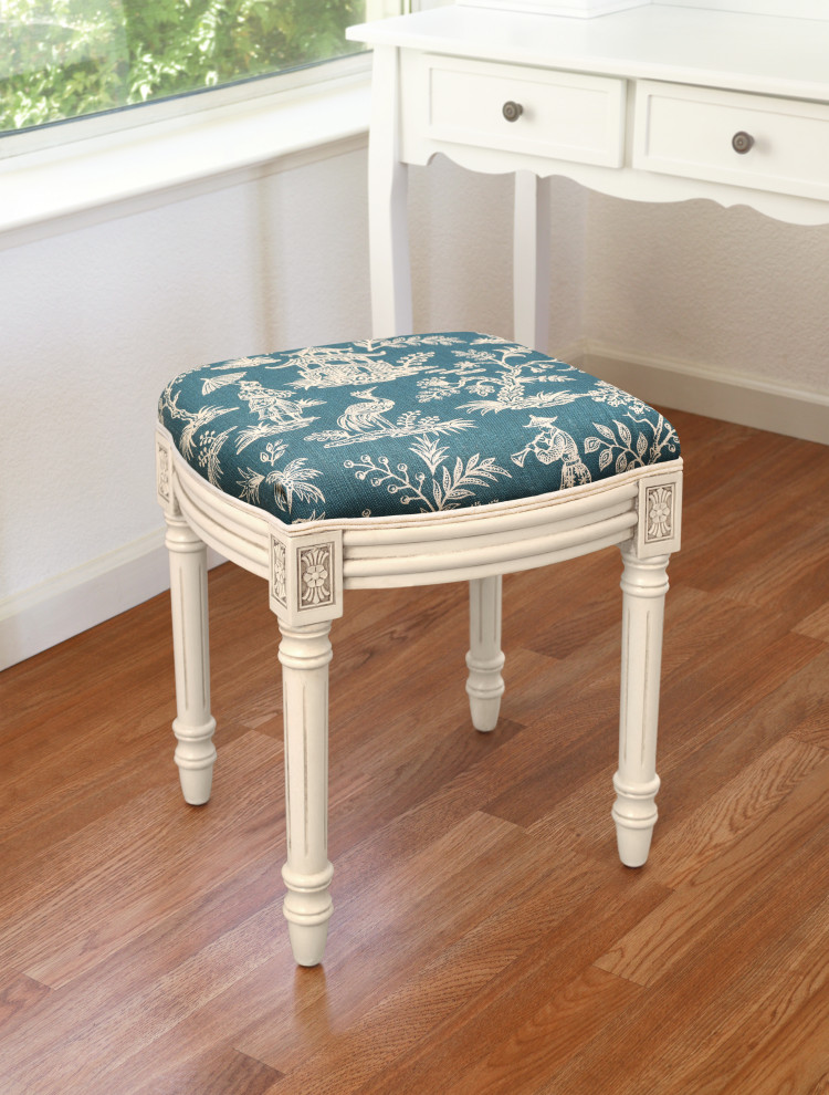 Canton Graden Navy  Print Linen Upholstered Vanity Stool   Asian   Vanity Stools And Benches   by 123 Creations  Houzz