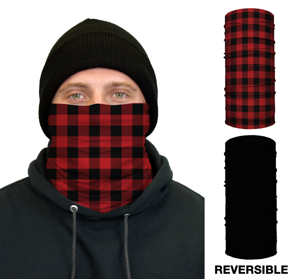 John Boy Thermal Face Guard Reversible Red Plaid and Black Pattern