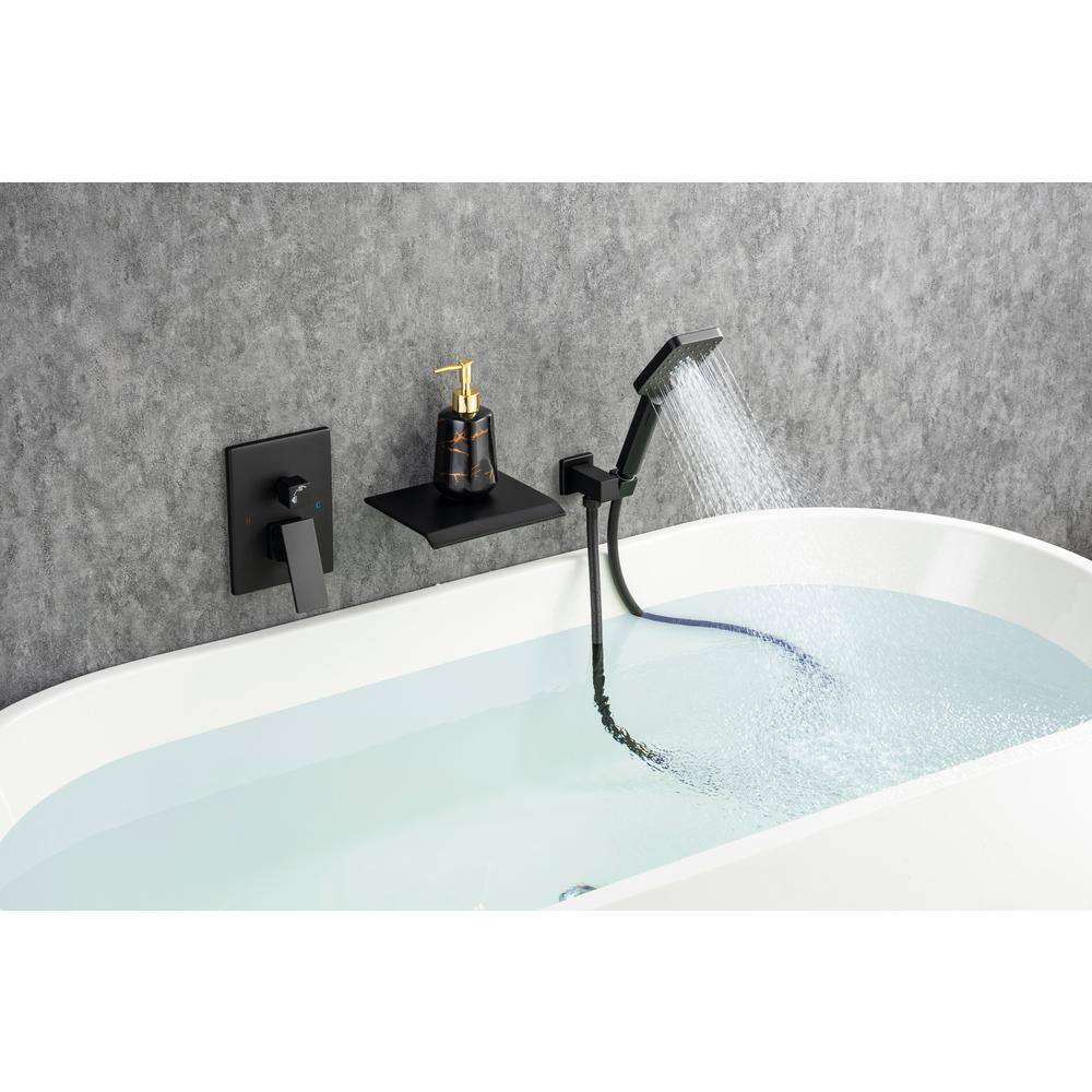 Tahanbath Single-Handle Waterfall Tub Faucet Wall Mount Roman Tub Filler with Hand Shower in Matte Black W1194-D97207H-KXC