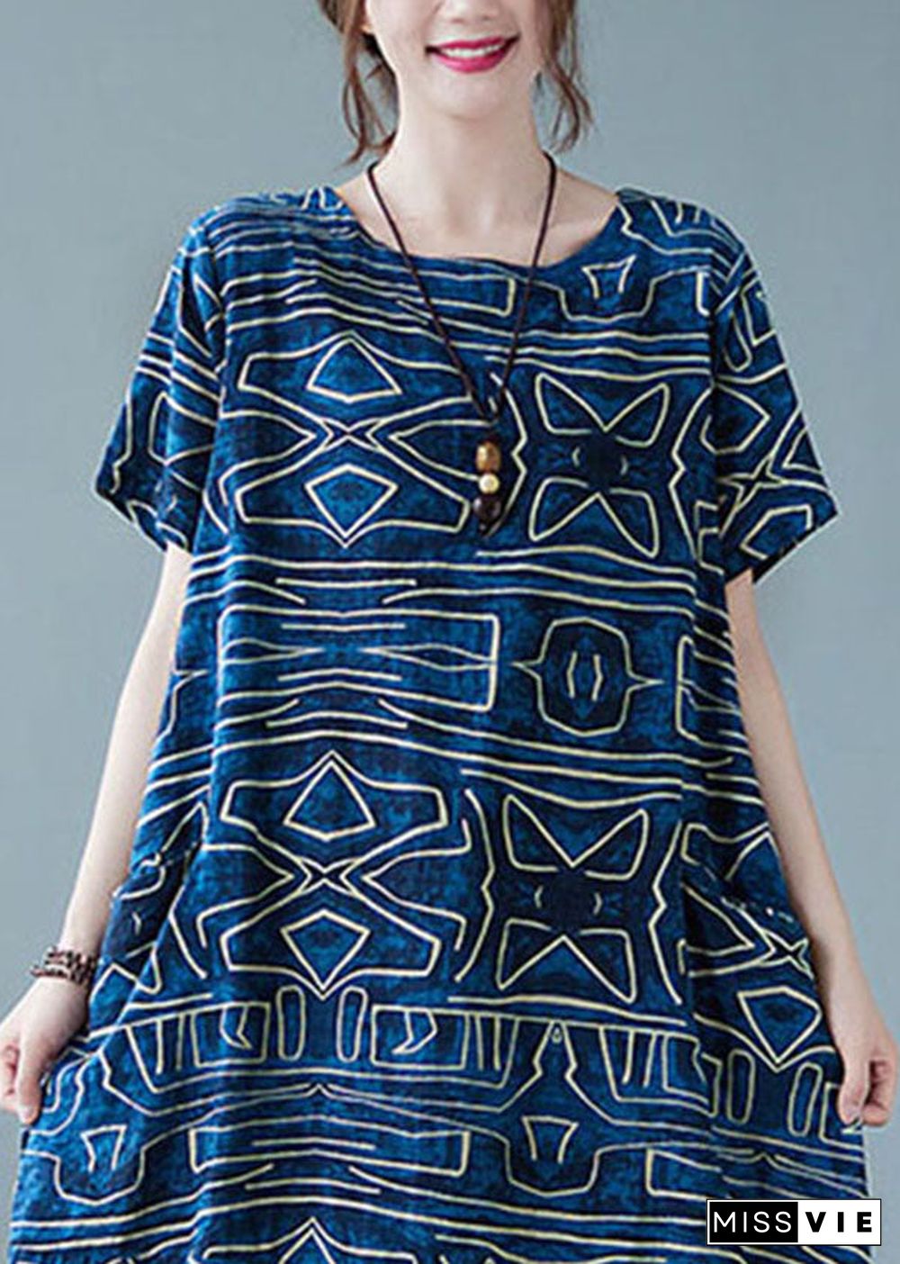 Italian Blue O-Neck Geometric Print Pockets Cotton Maxi Dress Short Sleeve