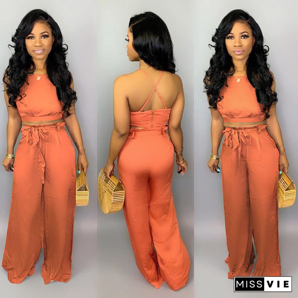 Sexy Backless Sleeveless Loose Pants Set Two Pieces