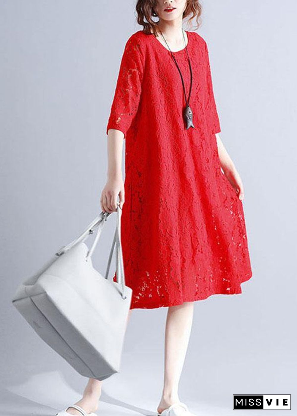 Loose Red O-Neck Hollow Out Lace Summer Party Dress Half Sleeve