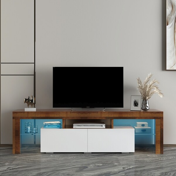 63''L Matt Laminate Finish TV Stand Cabinet with 2 Soft-Open Front Storage Doors， 20 Colors LEDandRemote Control (up to 70'')