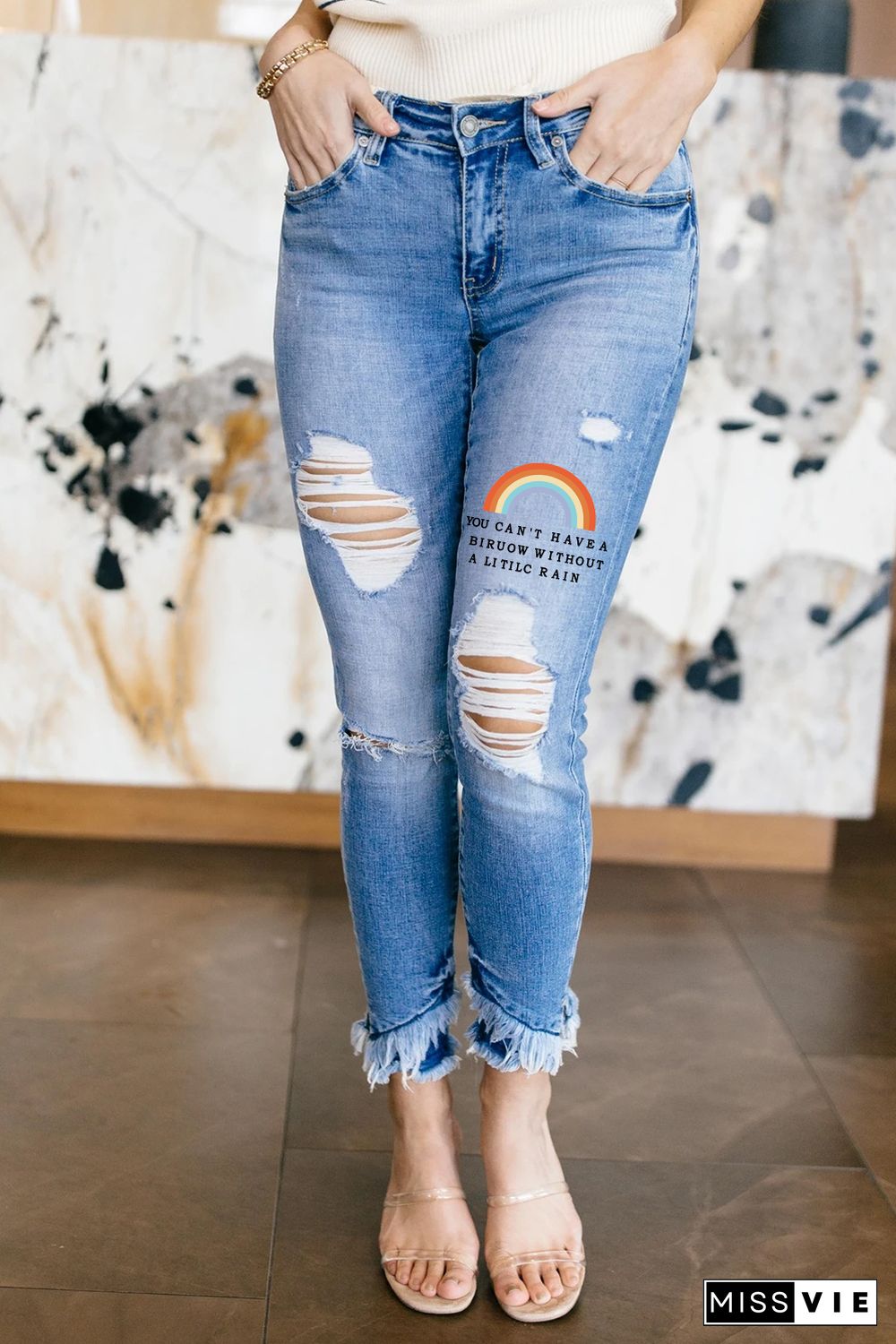 Mid Rise Letters Rainbow Graphic Ripped Jeans