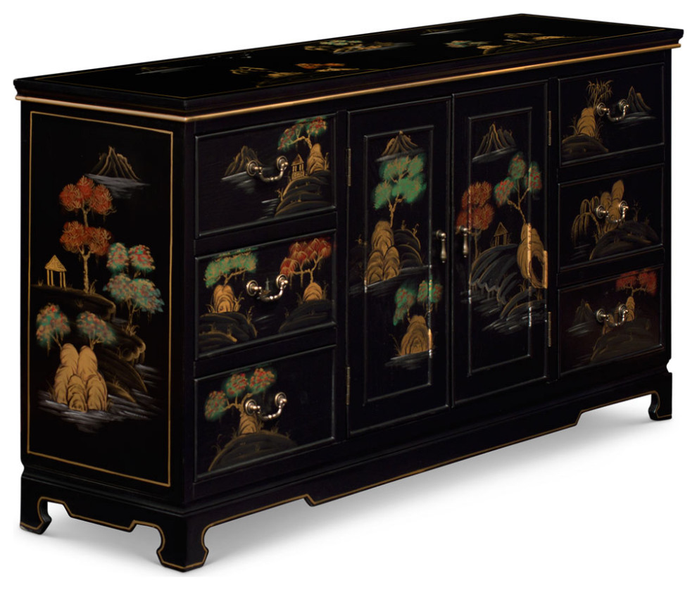 Hand Painted Black Chinoiserie Scenery Motif Oriental Sideboard   Asian   Accent Chests And Cabinets   by China Furniture and Arts  Houzz