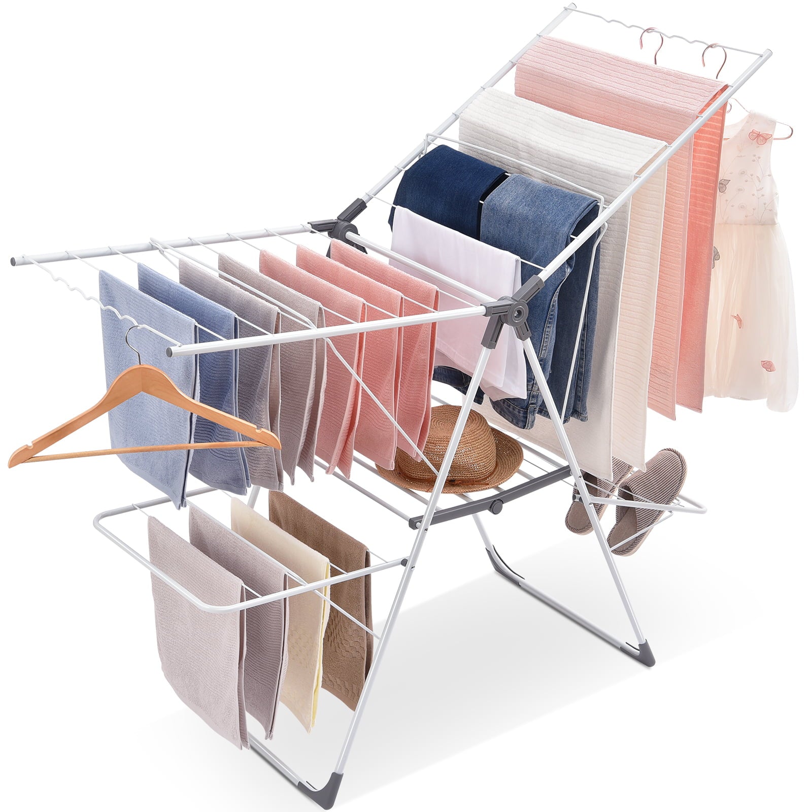 Kingrack Clothes Drying Rack, 2-Tier Foldable Large Dry Rack, Height-Adjustable Gullwing for Indoor Clothes Drying Hanger, White