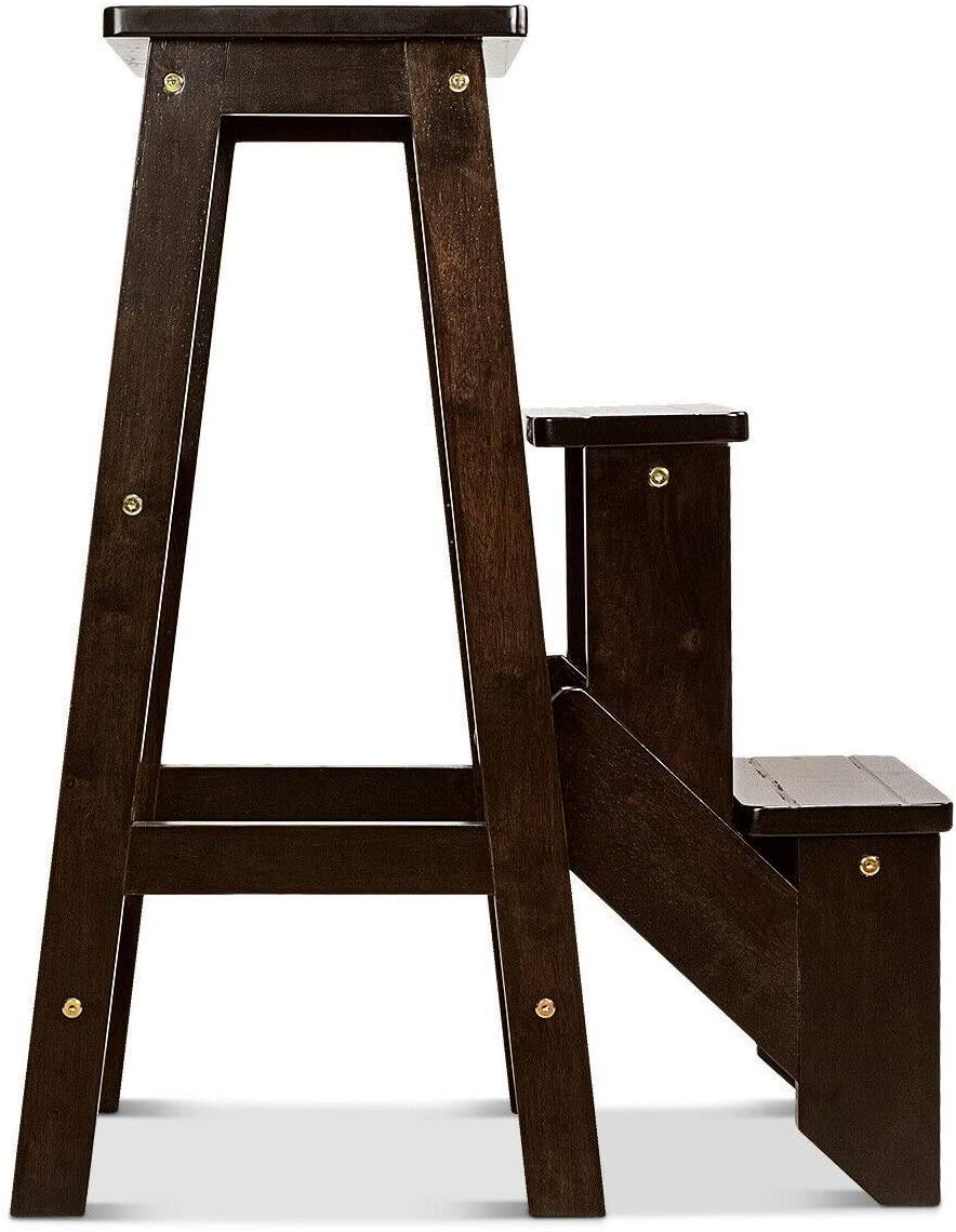 Folding Step Stool 3 Tier Wood Ladder, 3-in-1 Design with Ladder