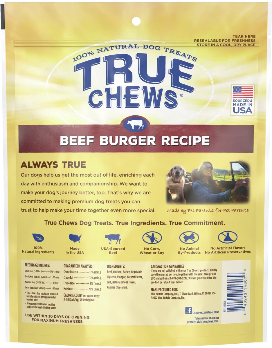 Blue Buffalo True Chews Beef Burger Recipe Dog Treats， 10-oz bag