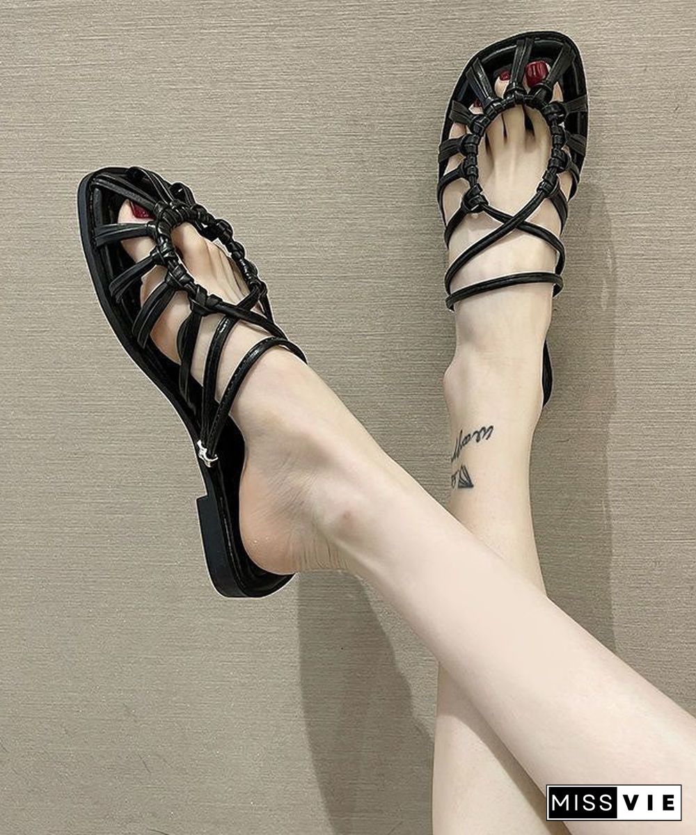 Vintage Black PU Flat Slide Sandals Splicing Hollow Out