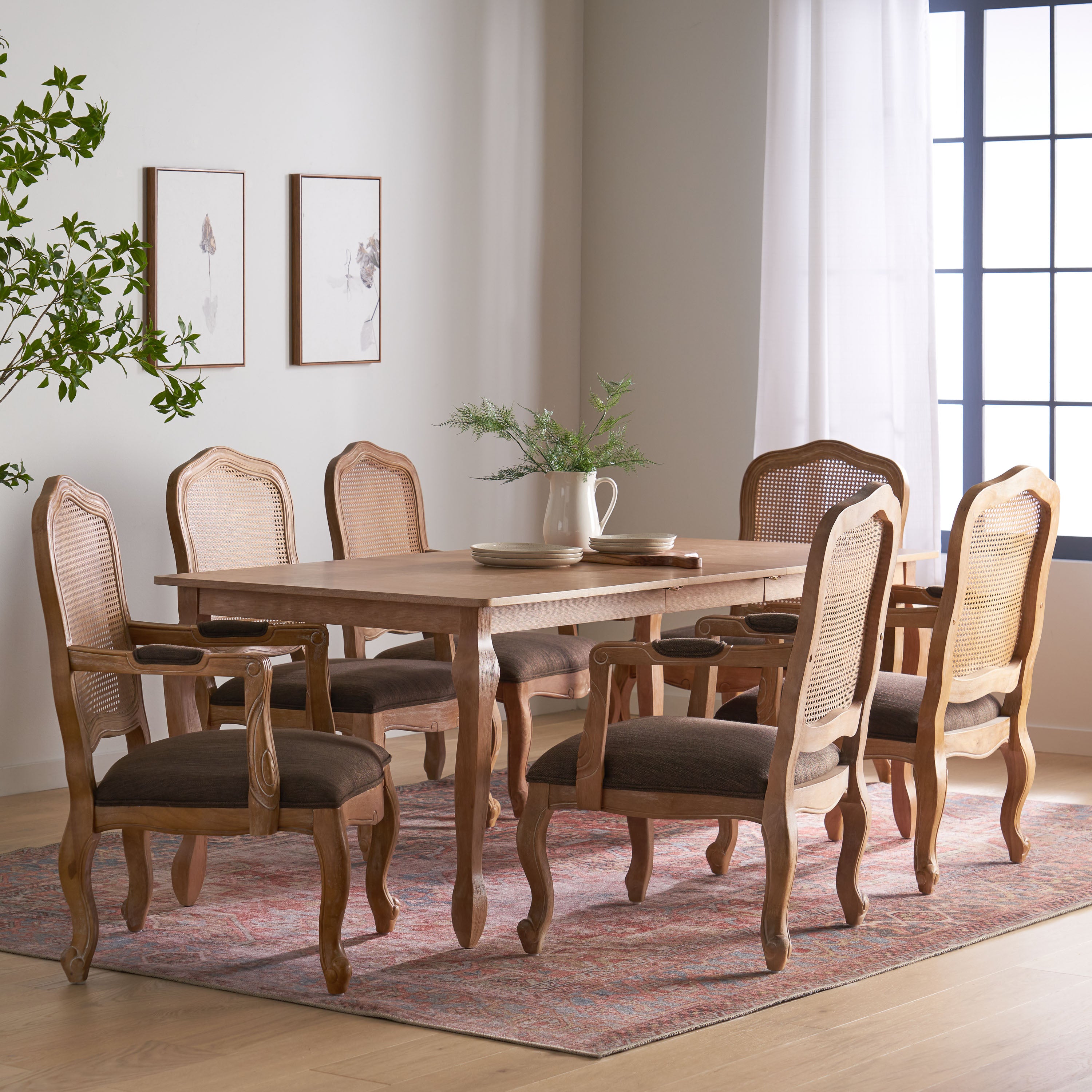 Bonview French Country Fabric Upholstered Wood and Cane Expandable 7 Piece Dining Set