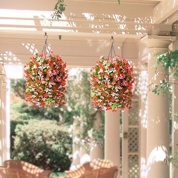 Artificial Hanging Flowers in Basket for Outdoor Spring Decoration，4pcs Faux Silk Violet Flower Bouquet UV Resistant