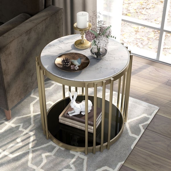 Furniture of America Roberts Brass and White Faux Marble Drum Side Table