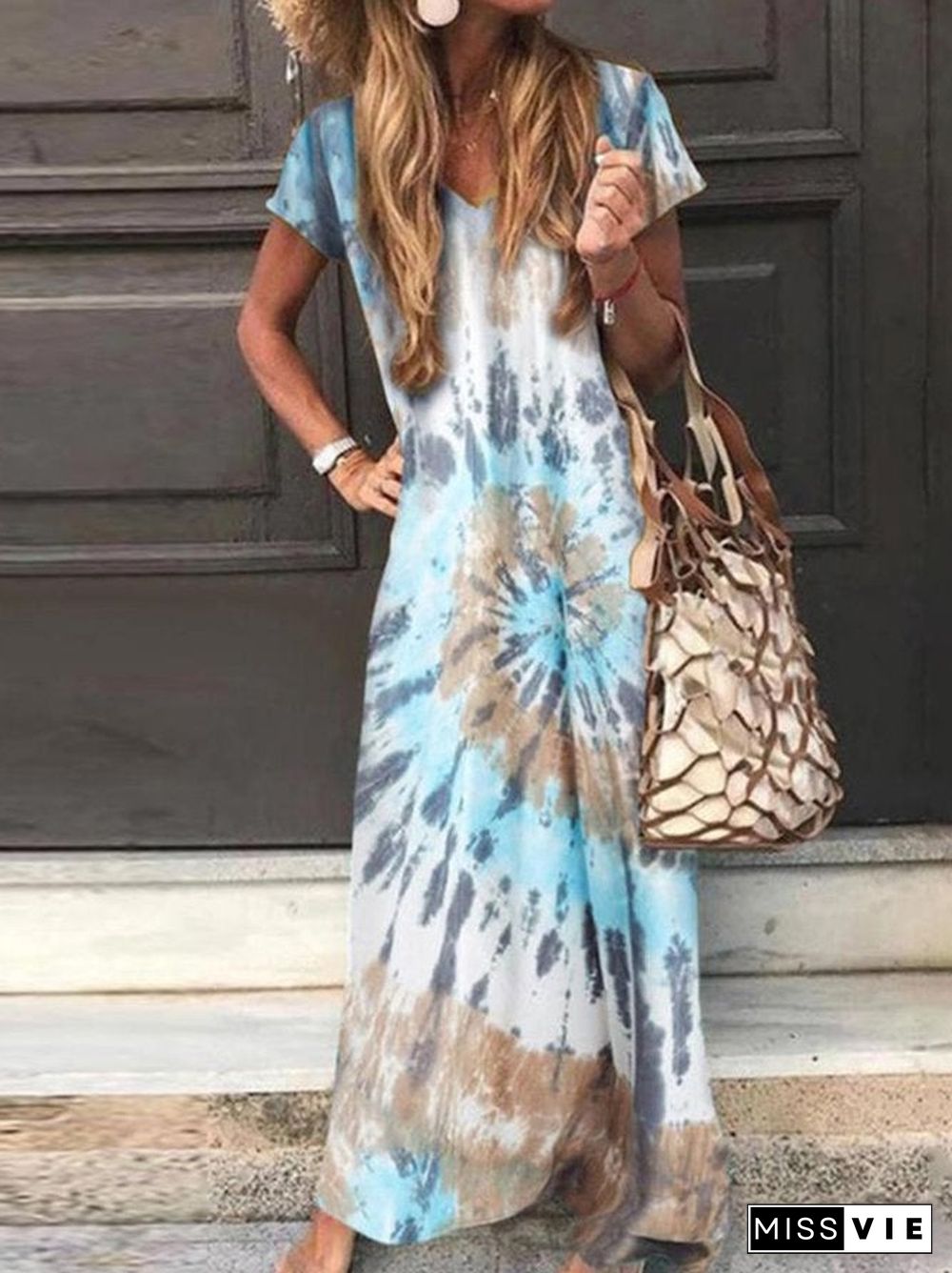 Short Sleeve A-Line Ombre/tie-Dye Dresses