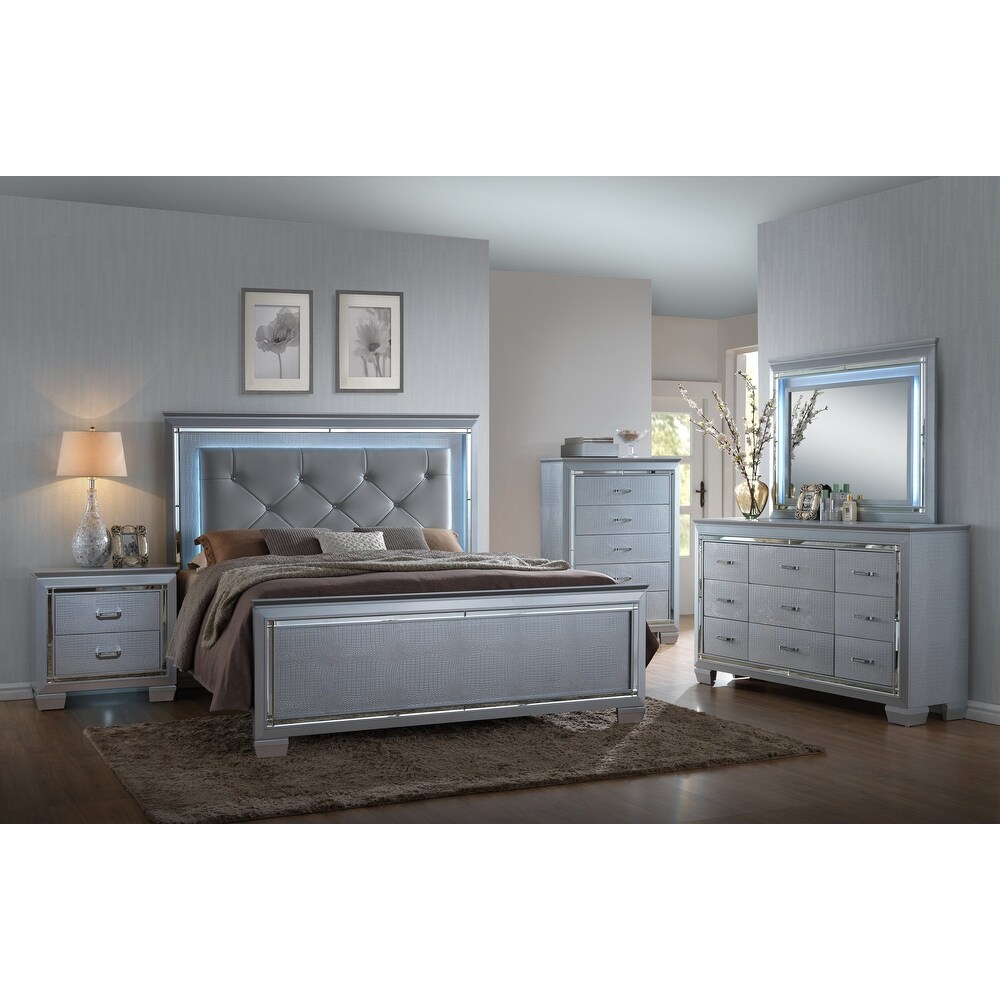 Lavina 4 Piece Silver LED Fabric Upholestered Tufted Bedroom Set