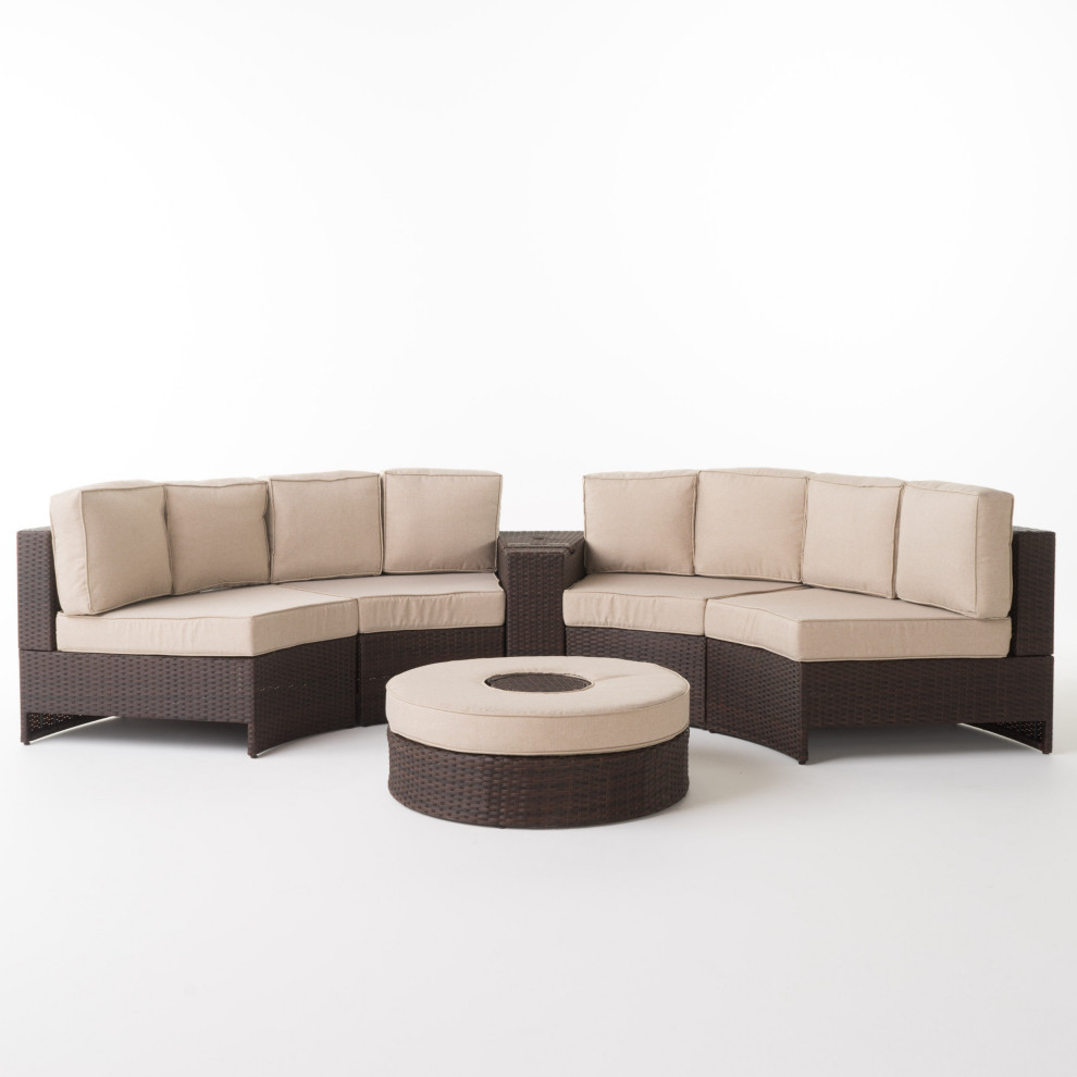 Outdoor 4 Seat Wicker Curved Set With Ottoman   Tropical   Outdoor Lounge Sets   by GDFStudio  Houzz