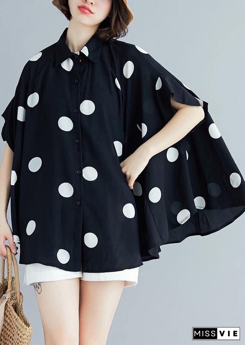 Italian black dotted chiffon tops quality Sewing lapel Art Summer shirt