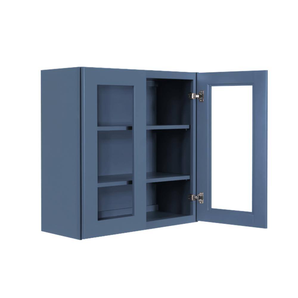 LIFEART CABINETRY Lancaster Blue Plywood Shaker Stock Assembled Wall Glass-Door Kitchen Cabinet 24 in. W x 12 in. D x 36 in. H ALB-WMD2436