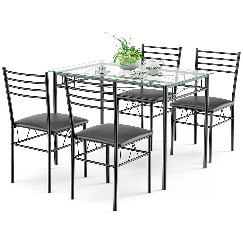 5 Pieces Dining Set with Tempered Glass Top Table and 4 Upholstered Chairs