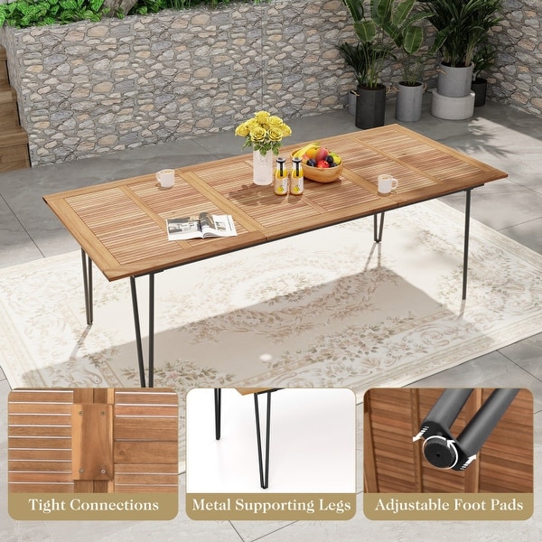 Rectangular Patio Dining Table for 8 with Acacia Wood Tabletop and Umbrella Hole