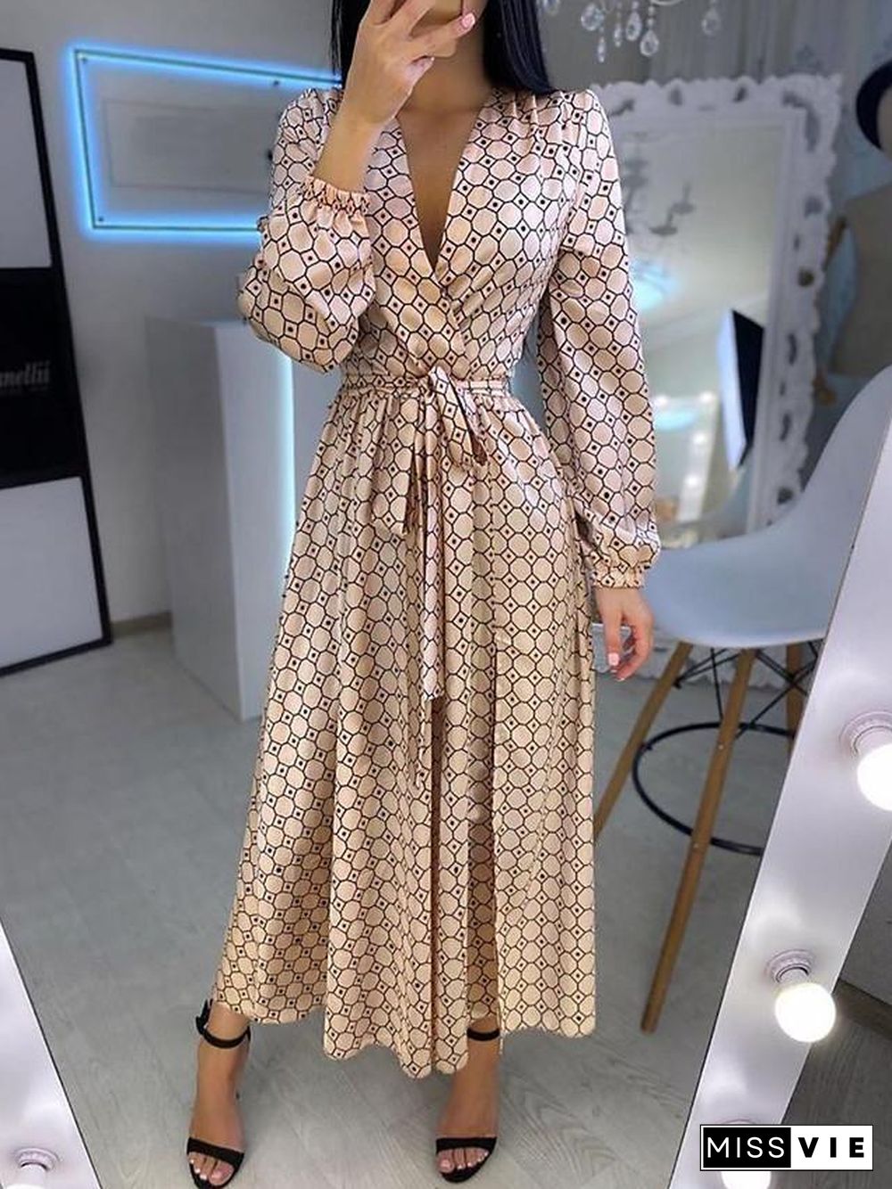 Women's Swing Dress Maxi long Dress Long Sleeve Geometric Patchwork Print Spring Summer Hot Casual Lantern Sleeve Gold S M L XL XXL