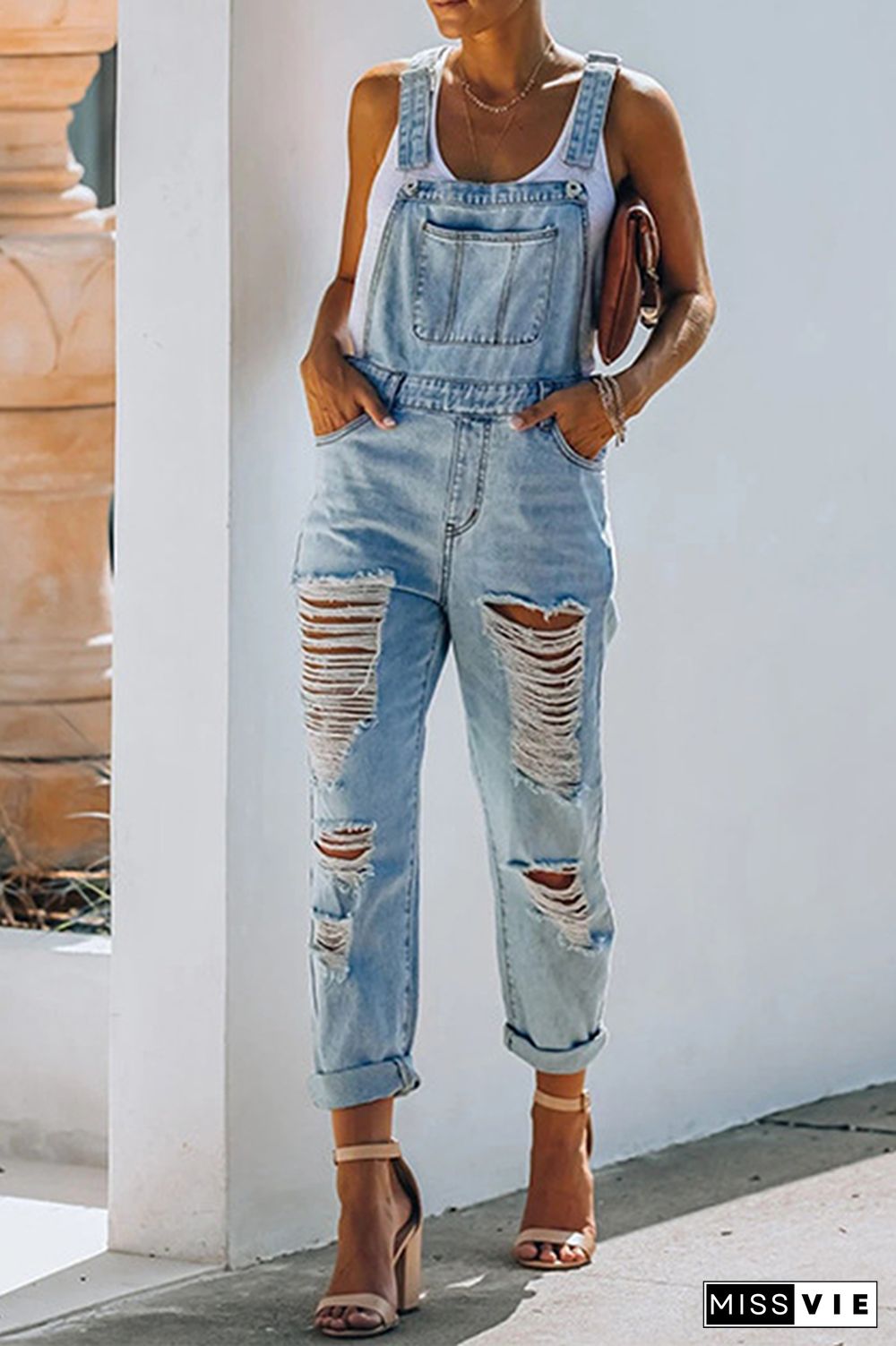 Street Solid Tassel Ripped Jumpsuits