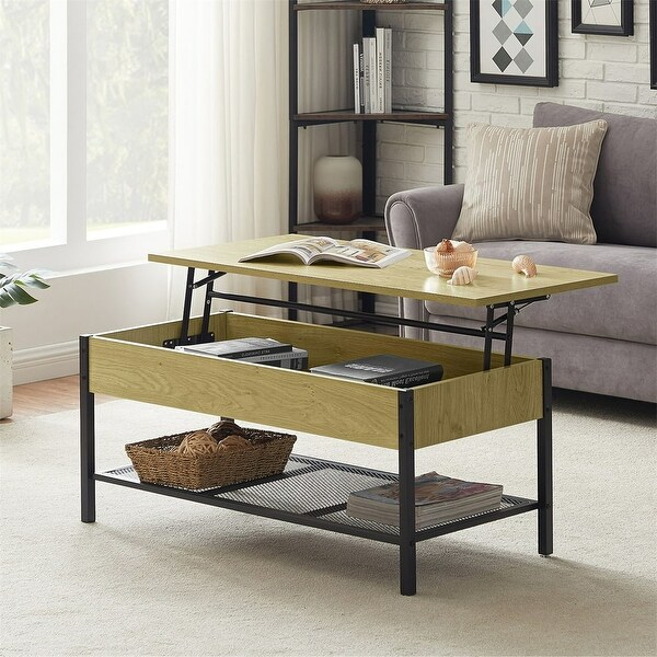 Industrial Wood and Metal Lift Top Coffee Table， Walnut