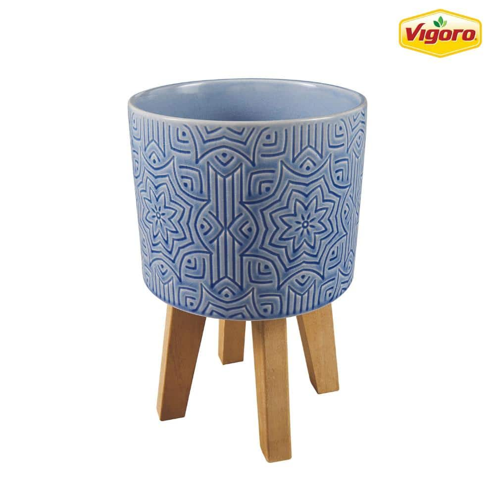 Vigoro 6.6 in. Constance Small Star Textured Blue Ceramic Planter (6.6 in. D x 9 in. H) with Wood Stand CT1385M-GSBL