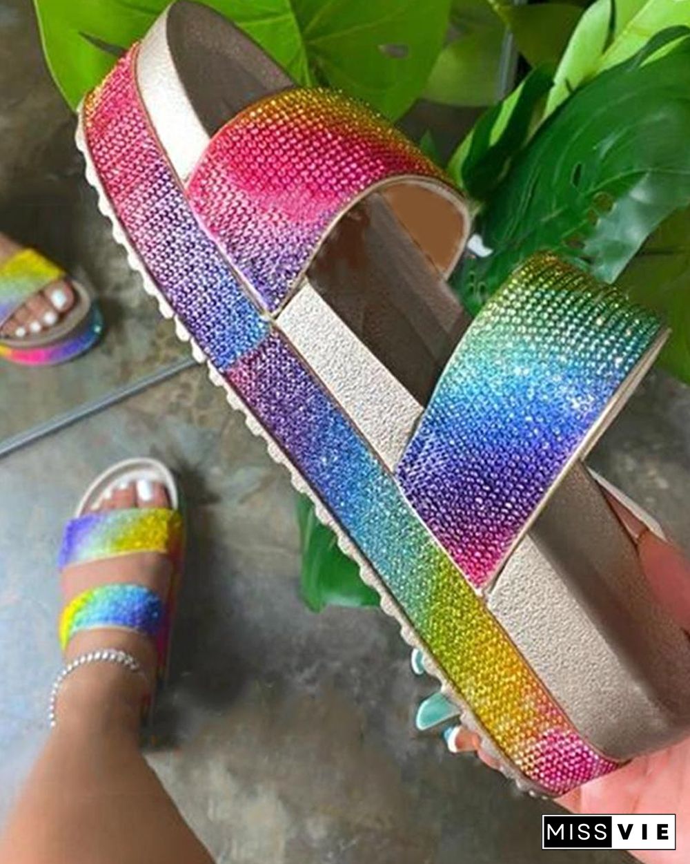 Rainbow Peep Toe Sequins Flat Sandals