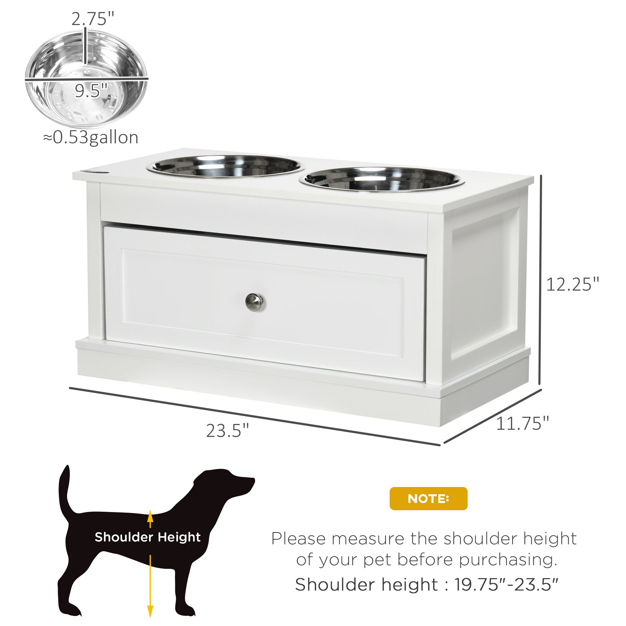 PawHut Large Elevated Dog Bowls with Storage Drawer Containing 11L Capacity, Raised Dog Bowl Stand Pet Food Bowl Dog Feeding Station, White