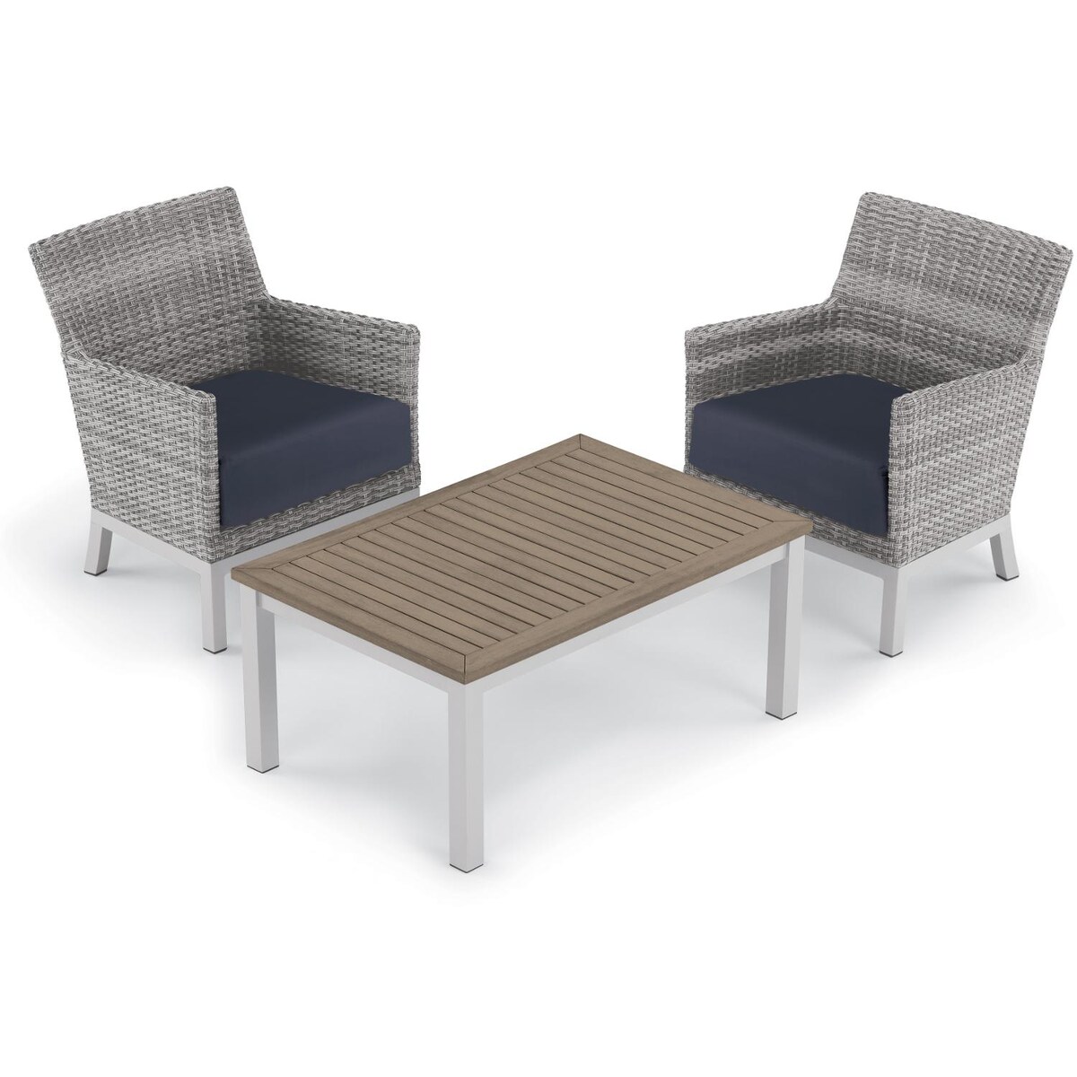 Argento 3 Piece Wicker Patio Conversation Set W/ Tekwood Vintage Coffee Table and Midnight Blue Cushions By Oxford Garden