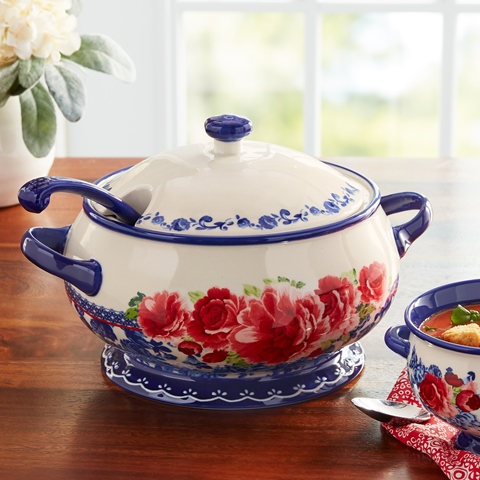 The Pioneer Woman Frontier Rose Cobalt 3.17-Quart Soup Tureen with Ladle