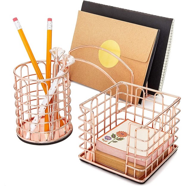 Paper Junkie 3 pc Set Rose Gold Office Supplies Desk Organizer Sticky Note Pen Letter Holder