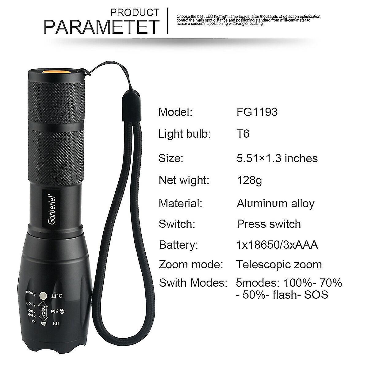 Tactical T6 Led Super Bright Zoom Flashlight Torch No Battery