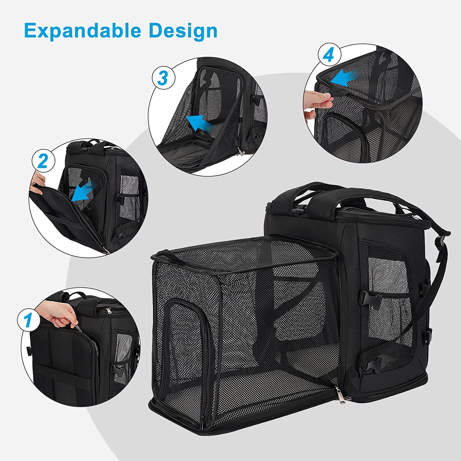 Pet Carrier Backpack with Detachable Side Pockets for Cats and Dogs, Expandable Cat Dog Puppy Carrier Backpacks, Airline Approved, for Travel / Hiking / Outdoor Use, Black