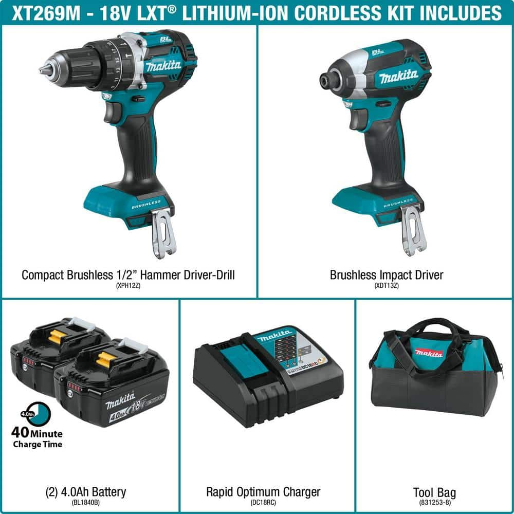 Makita 18V LXT Lithium-Ion Brushless Cordless Hammer Drill And Impact Driver Combo Kit (2-Tool) w/ (2) 4Ah Batteries， Bag